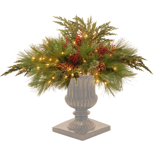 30&#x22; Pre-lit Decorative Collection Artificial Christmas White Pine Urn Filler with Lights